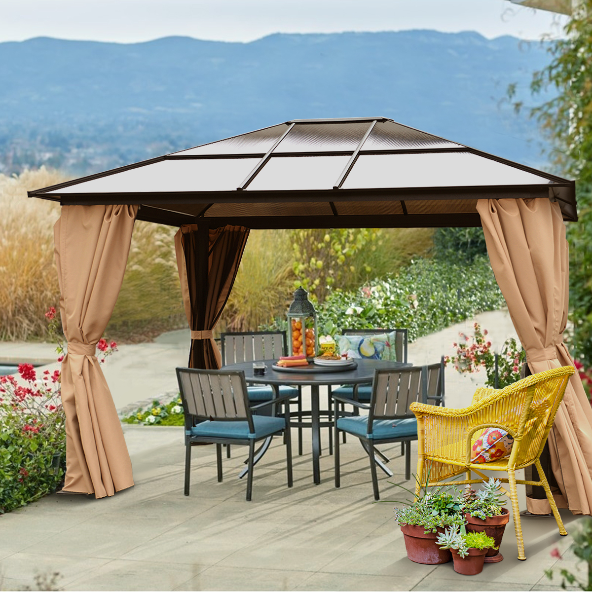 Resort 10 x 12 Hardtop Polycarbonate Roof Patio Gazebo Aluminum Poles w